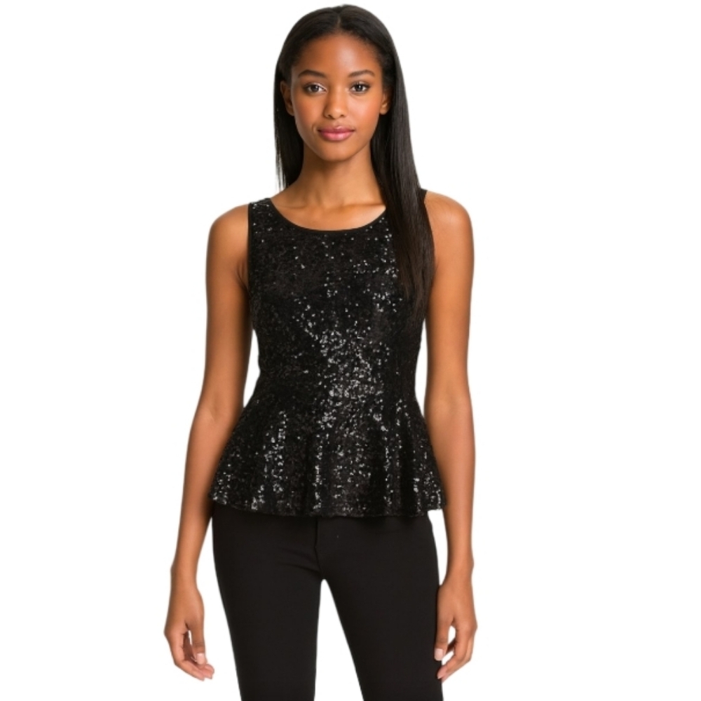FOREVER 21 Peplum‎ Black Blouse Full Front Sequined Women's Small